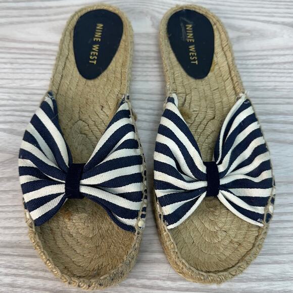 Nine West Slide Sandals SZ 10B Flat Espadrille Slip On Black White Striped Open - Picture 2 of 9